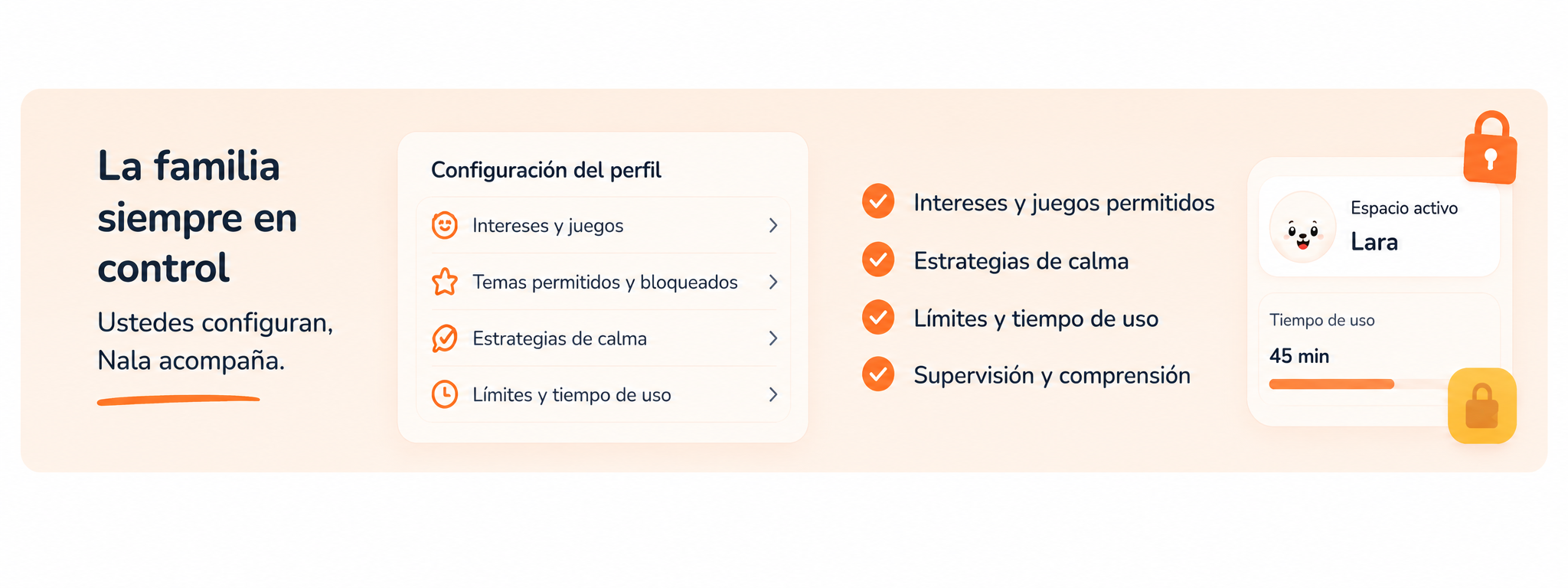 Panel de configuración familiar de Nala con intereses, estrategias de calma, límites de uso y supervisión